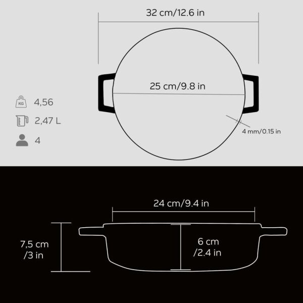 Lava Döküm Trendy Serisi Çok Amaçlı Yayvan Tencere Siyah 24 cm