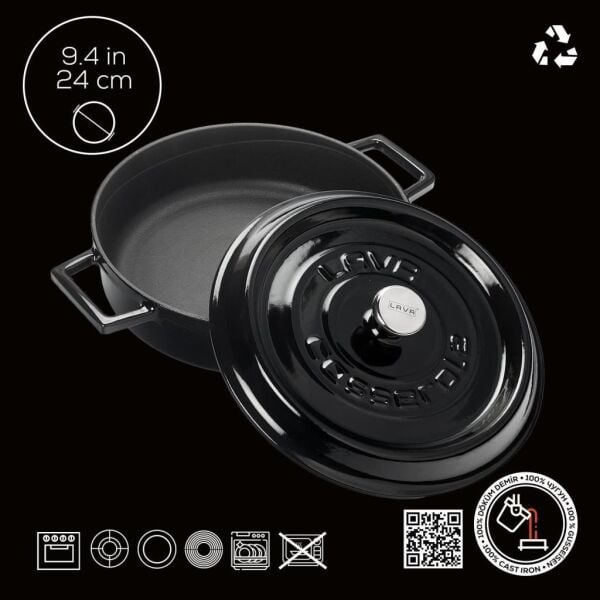 Lava Döküm Trendy Serisi Çok Amaçlı Yayvan Tencere Siyah 24 cm