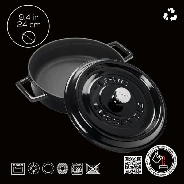Lava Döküm Trendy Serisi Çok Amaçlı Yayvan Tencere Siyah 24 cm