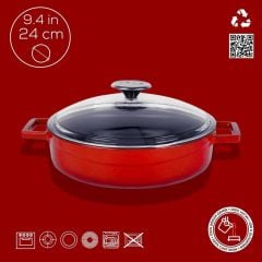 Lava Döküm Glaze Çok Amaçlı Yayvan Tencere 24cm Kırmızı