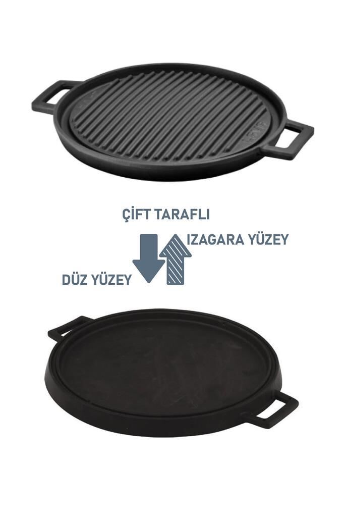 Lava Döküm Yuvarlak Griddle Bir Tarafı Düz Diğer Tarafı Izgara Yüzeyli 28 cm