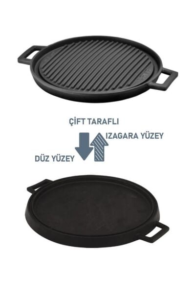 Lava Döküm Yuvarlak Griddle Bir Tarafı Düz Diğer Tarafı Izgara Yüzeyli 28 cm