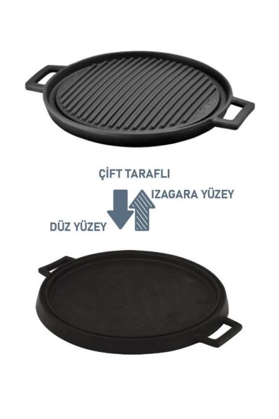Lava Döküm Yuvarlak Griddle Bir Tarafı Düz Diğer Tarafı Izgara Yüzeyli 28 cm