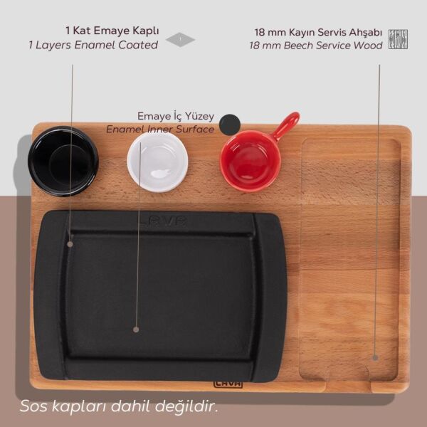 Lava Döküm Dikdörtgen Servis Tabağı ve Ahşap Altlığı Siyah Renk Ölçü 17x25 cm