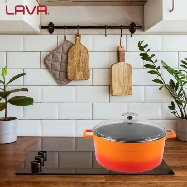 Lava Döküm Yuvarlak Tencere Cam Kapaklı Glaze Turuncu 28 cm