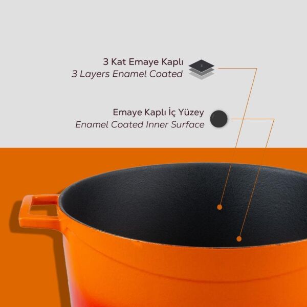 Lava Döküm Yuvarlak Tencere Cam Kapaklı Glaze Turuncu 28 cm