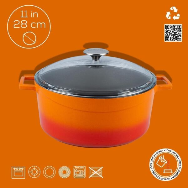 Lava Döküm Yuvarlak Tencere Cam Kapaklı Glaze Turuncu 28 cm