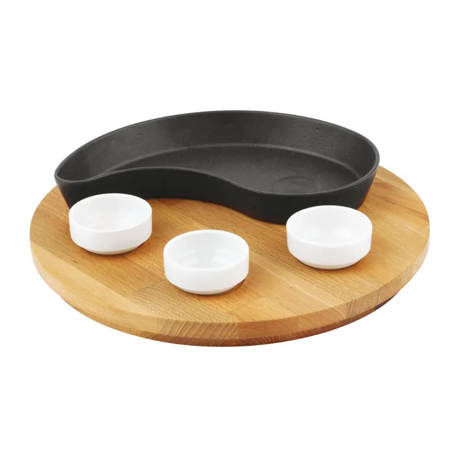 Lava Döküm Damla Formlu Yingyang Fajita Tabağı Kayın Servis Ahşabı 10x20 cm