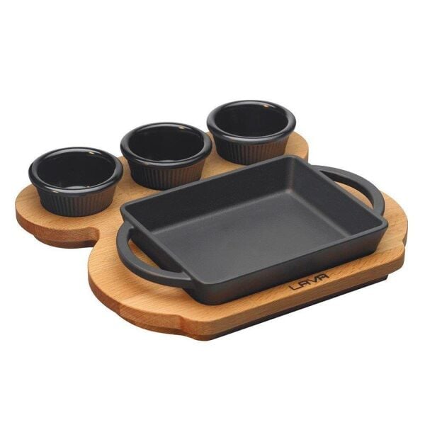 Lava Ahşap Altlıklı Döküm Demir Dikdörtgen Tava-Fajita Tava 12x15 cm - LV ECO P TV 1215 K44