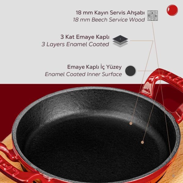 Lava Döküm Yuvarlak Sahan Döküm Demir Yekpare Çift Kulplu Kayın Servis Ahşabı 20 cm Kırmızı