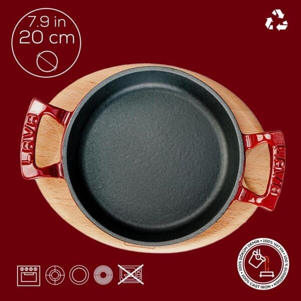 Lava Döküm Yuvarlak Sahan Döküm Demir Yekpare Çift Kulplu Kayın Servis Ahşabı 20 cm Kırmızı