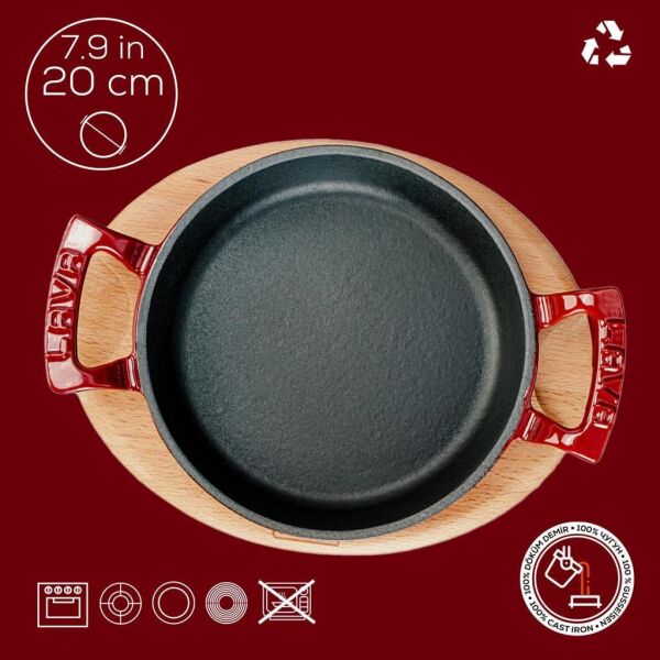 Lava Döküm Yuvarlak Sahan Döküm Demir Yekpare Çift Kulplu Kayın Servis Ahşabı 20 cm Kırmızı