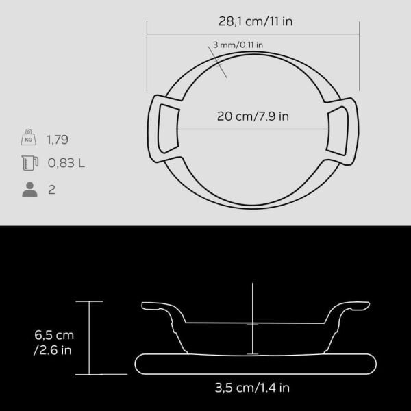 Lava Döküm Yuvarlak Sahan Döküm Demir Yekpare Çift Kulplu Kayın Servis Ahşabı 20 cm Siyah
