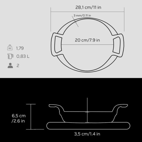 Lava Döküm Yuvarlak Sahan Döküm Demir Yekpare Çift Kulplu Kayın Servis Ahşabı 20 cm Siyah