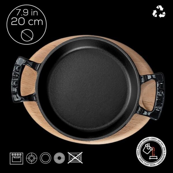 Lava Döküm Yuvarlak Sahan Döküm Demir Yekpare Çift Kulplu Kayın Servis Ahşabı 20 cm Siyah