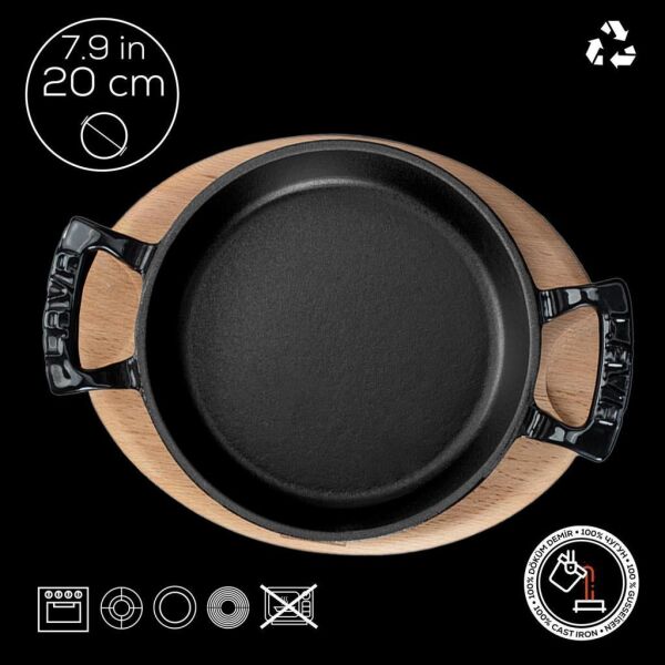 Lava Döküm Yuvarlak Sahan Döküm Demir Yekpare Çift Kulplu Kayın Servis Ahşabı 20 cm Siyah