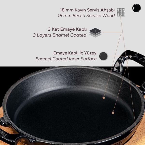 Lava Döküm Yuvarlak Sahan Döküm Demir Yekpare Çift Kulplu Kayın Servis Ahşabı 20 cm Siyah