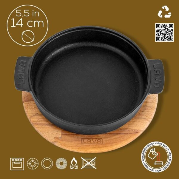 Lava Döküm Yuvarlak Güveç Kabı Döküm Demir Yekpare Çift Kulplu Kayın Servis Ahşabı Çap(Ø)14 cm