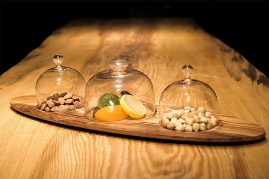 Globy Ahşap Zeytin Ağacı Cam Kapaklı 3 Bölmeli Fanus