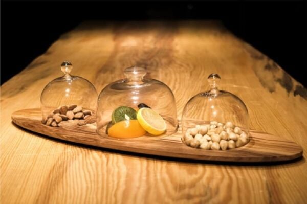 Globy Ahşap Zeytin Ağacı Cam Kapaklı 3 Bölmeli Fanus