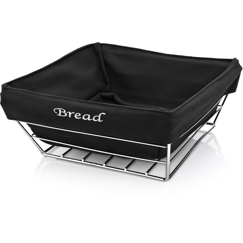 Biradlı Siyah Bezli Kare Ekmek Sepeti Krom Telli 22x22x9 cm
