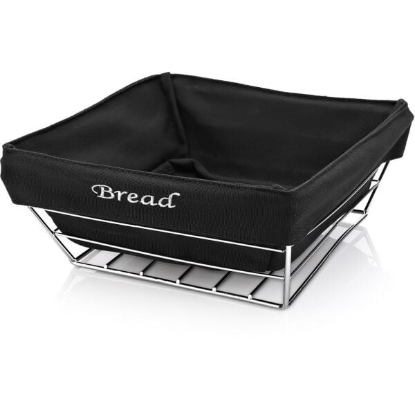 Biradlı Siyah Bezli Kare Ekmek Sepeti Krom Telli 22x22x9 cm