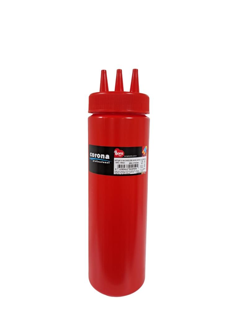 Bora Plastik Corona Fişek Sosluk - Ketçap Şişe 3 Delikli 700 ml Kırmızı - BO2050