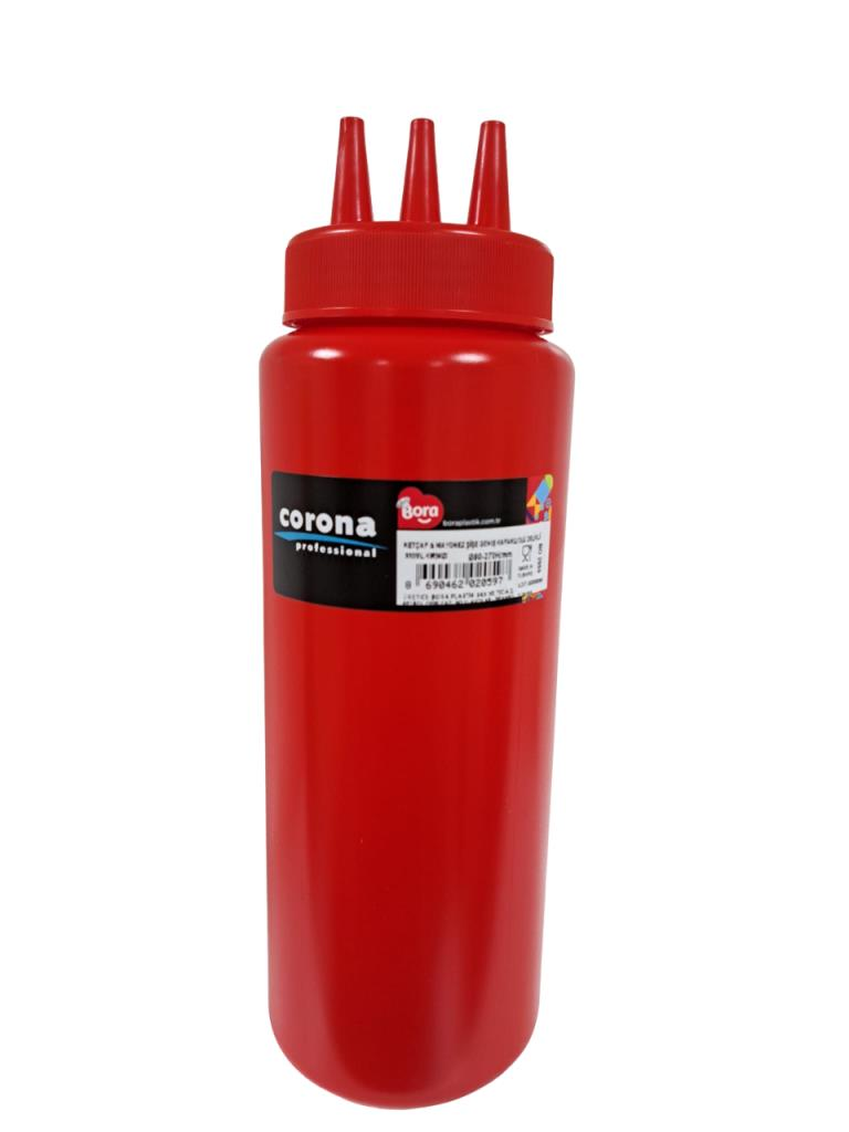 Bora Plastik Corona Fişek Sosluk - Ketçap Şişe 3 Delikli 950 ml Kırmızı- BO2059