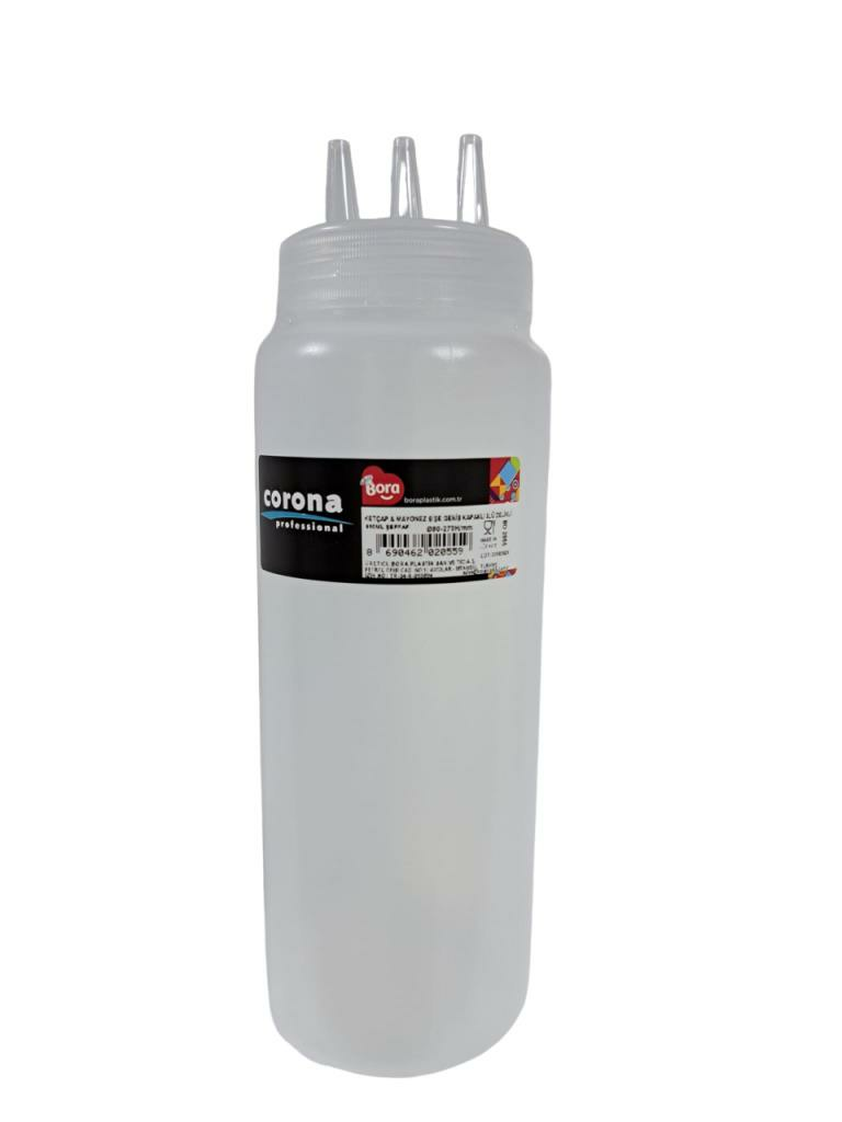 Bora Plastik Corona Fişek Sosluk - Ketçap Şişe 3 Delikli 950 ml Şeffaf - BO2055