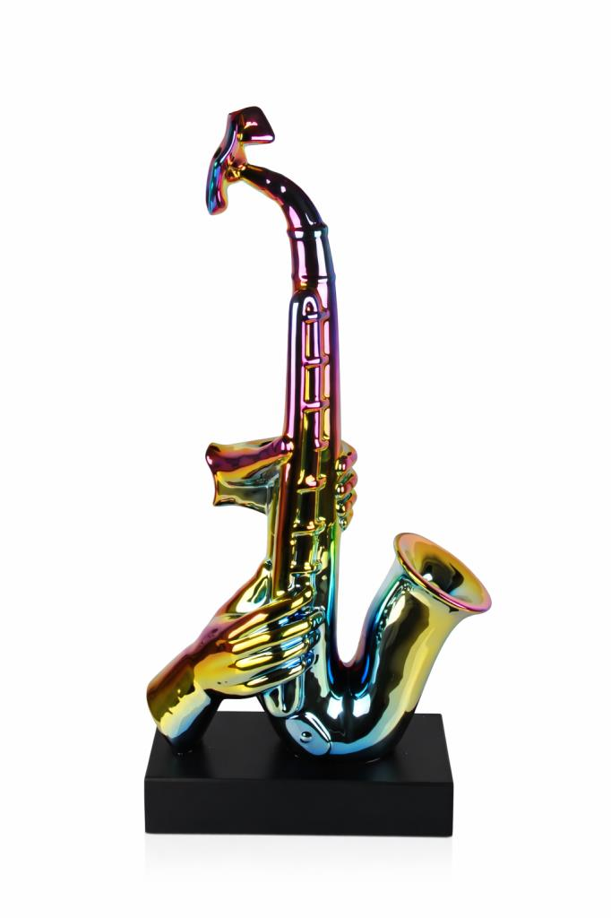 Globy Gökkuşağı Renkli, Siyah MDF Tabanlı Saksafon Figürlü Dekoratif Obje – 22 cm