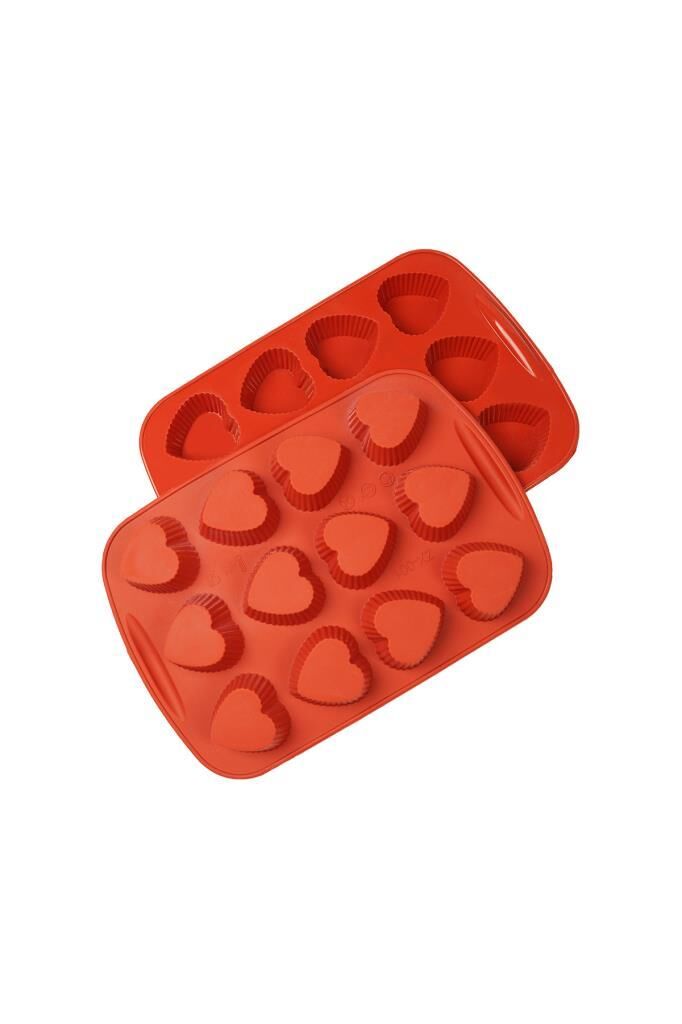 Globy Silikon Çizgili Kalp Desenli Çikolata,Kek Kalıbı 12'li