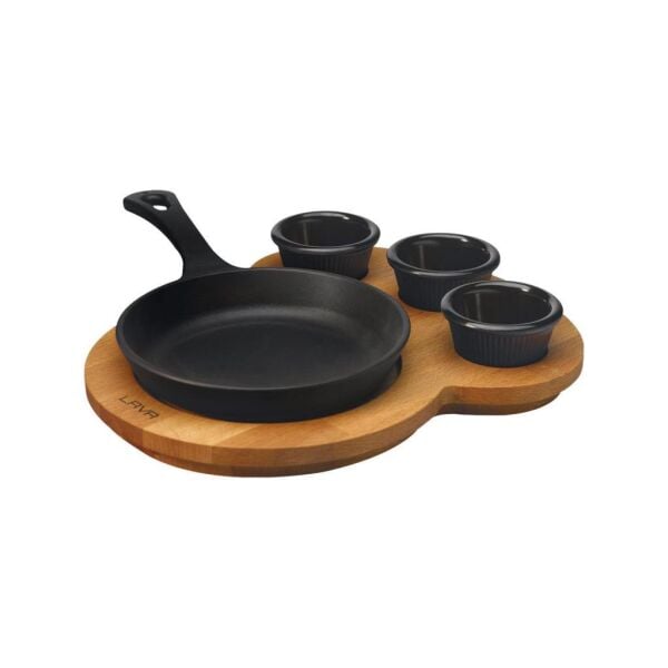 Lava Döküm Yuvarlak Kızartma Tavası - Kayın Ahşap Altlık 16 cm