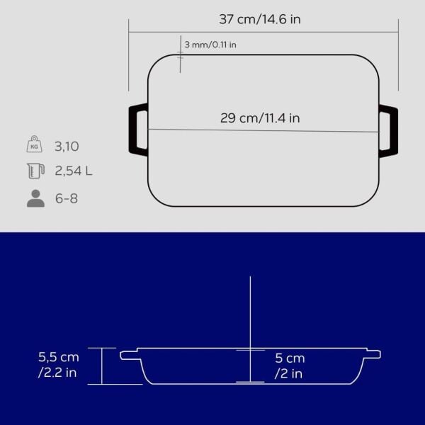 Lava Döküm Dikdörtgen Rosto ve Fırın Tepsisi Çift Kulplu 22x30 cm Mavi