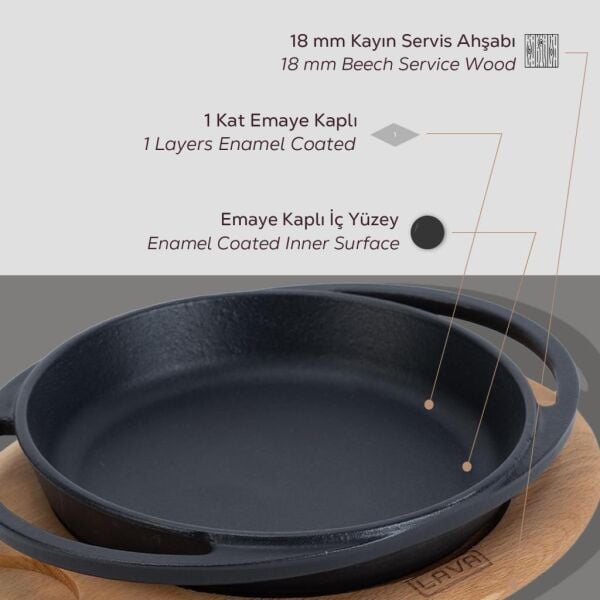 Lava Döküm Yuvarlak Sahan Çift Kulplu -  Kayın Servis Ahşabı 12 cm