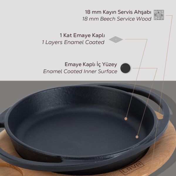 Lava Döküm Yuvarlak Sahan Çift Kulplu -  Kayın Servis Ahşabı 12 cm