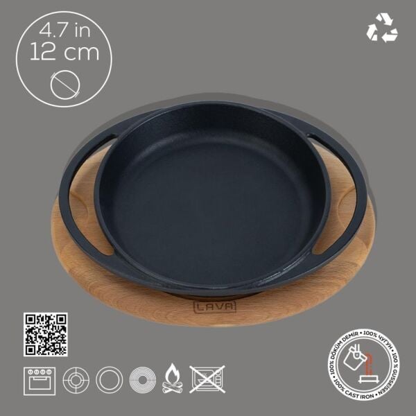 Lava Döküm Yuvarlak Sahan Çift Kulplu -  Kayın Servis Ahşabı 12 cm