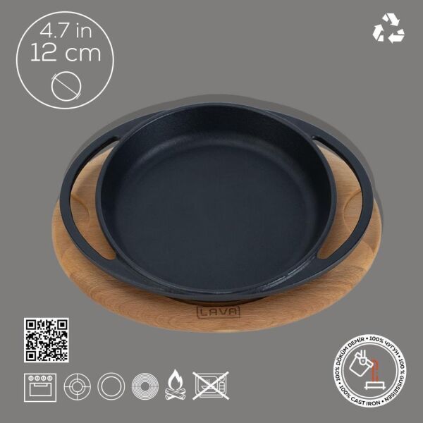 Lava Döküm Yuvarlak Sahan Çift Kulplu -  Kayın Servis Ahşabı 12 cm