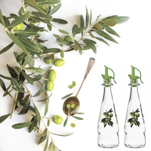 Zeytin Desenli Cam Yağdanlık, Yağlık Sirkelik 500 ml 2 adet