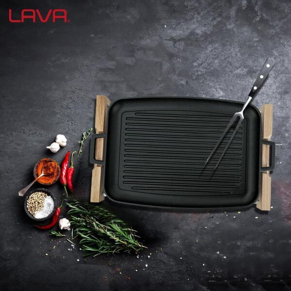 Lava Ahşap Standlı 31x42 cm Demir Döküm Izgara Tepsi