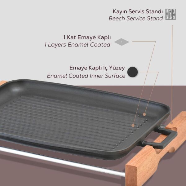 Lava Ahşap Standlı Döküm Izgara Tepsi - Tava 31x42 cm