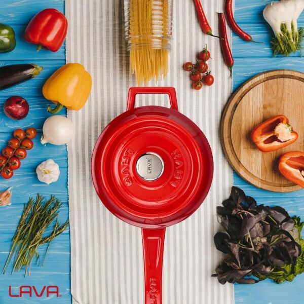 Lava Döküm Yuvarlak Sos Tenceresi Döküm Demir Yekpare Saplı Trendy Serisi 16 cm Kırmızı