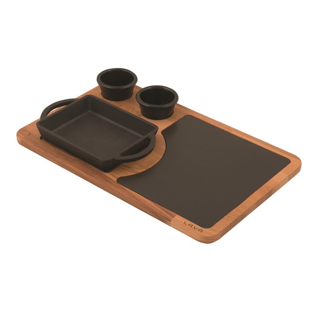 Lava Döküm Dikdörtgen Kulplu Ahşap ve Döküm Demir Servis Tabağı 12x15 cm